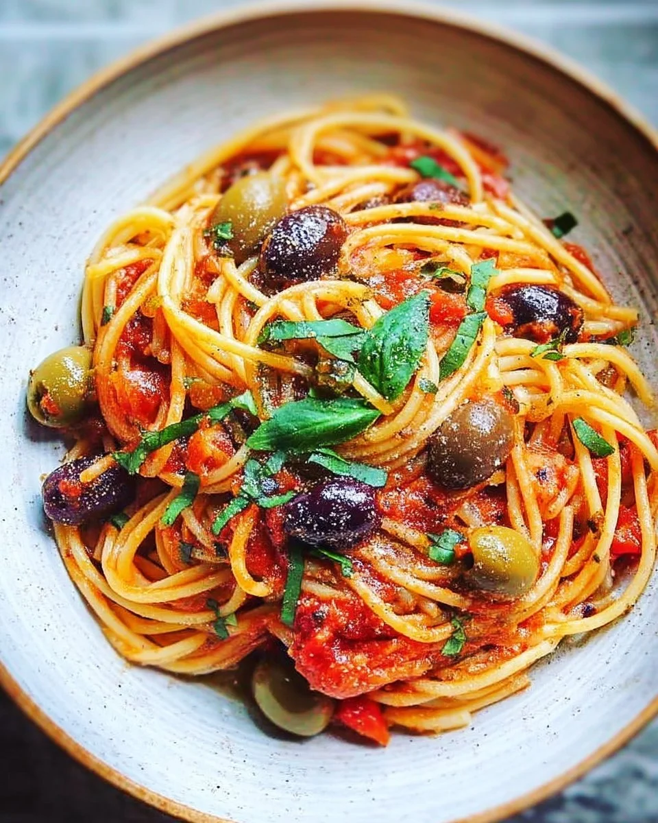 Plat de spaghettis puttanesca avec sauce tomate, olives et câpres