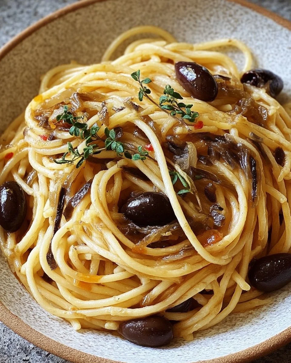 Spaghettis garnis de sauce pissaladière, un plat méditerranéen délicieux.