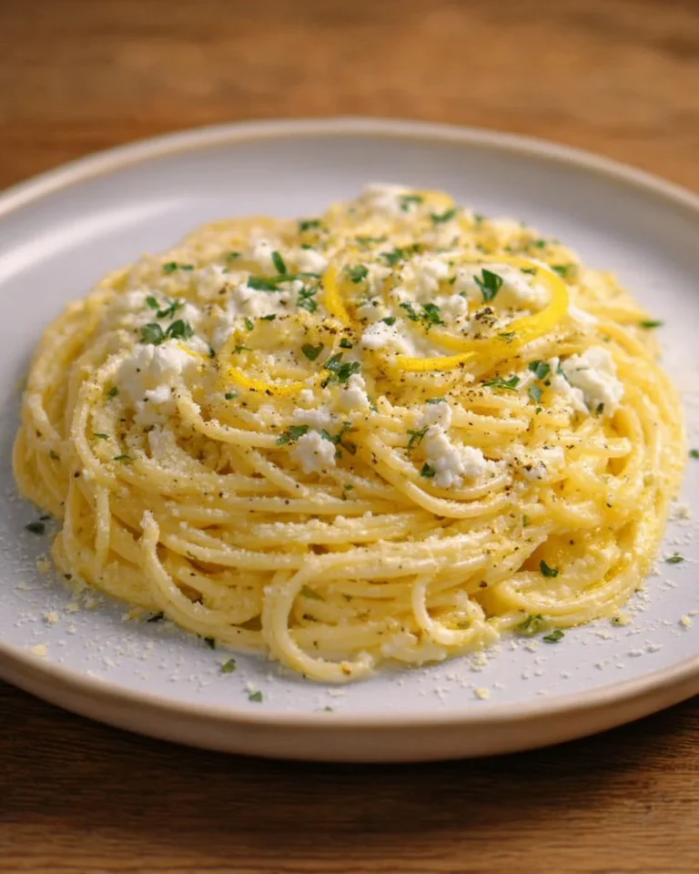 Spaghettis au citron et ricotta garnis de zeste de citron.