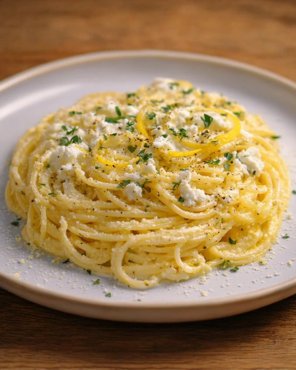 Spaghettis au citron et ricotta garnis de zeste de citron.