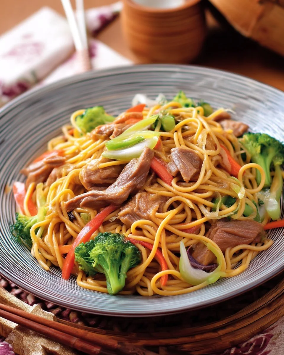 Recette de spaghettis chinois au canard avec légumes frais et sauce délicieuse