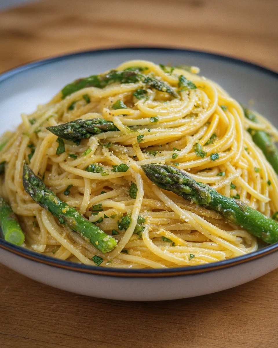 Assiette de spaghettis citron-asperges garnie de zestes de citron et d'asperges fraîches.