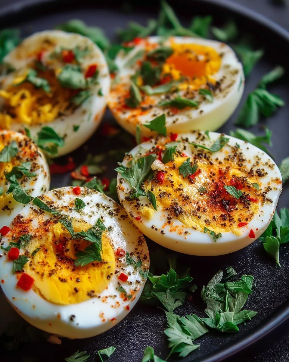 Œufs épicés garnis d'herbes fraîches, plat savoureux et coloré.