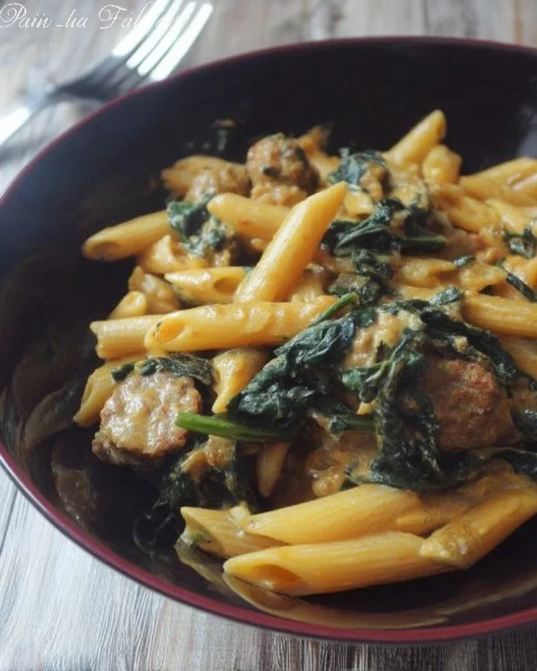 Pasta épicée avec épinards et merguez servie dans une assiette délicieuse
