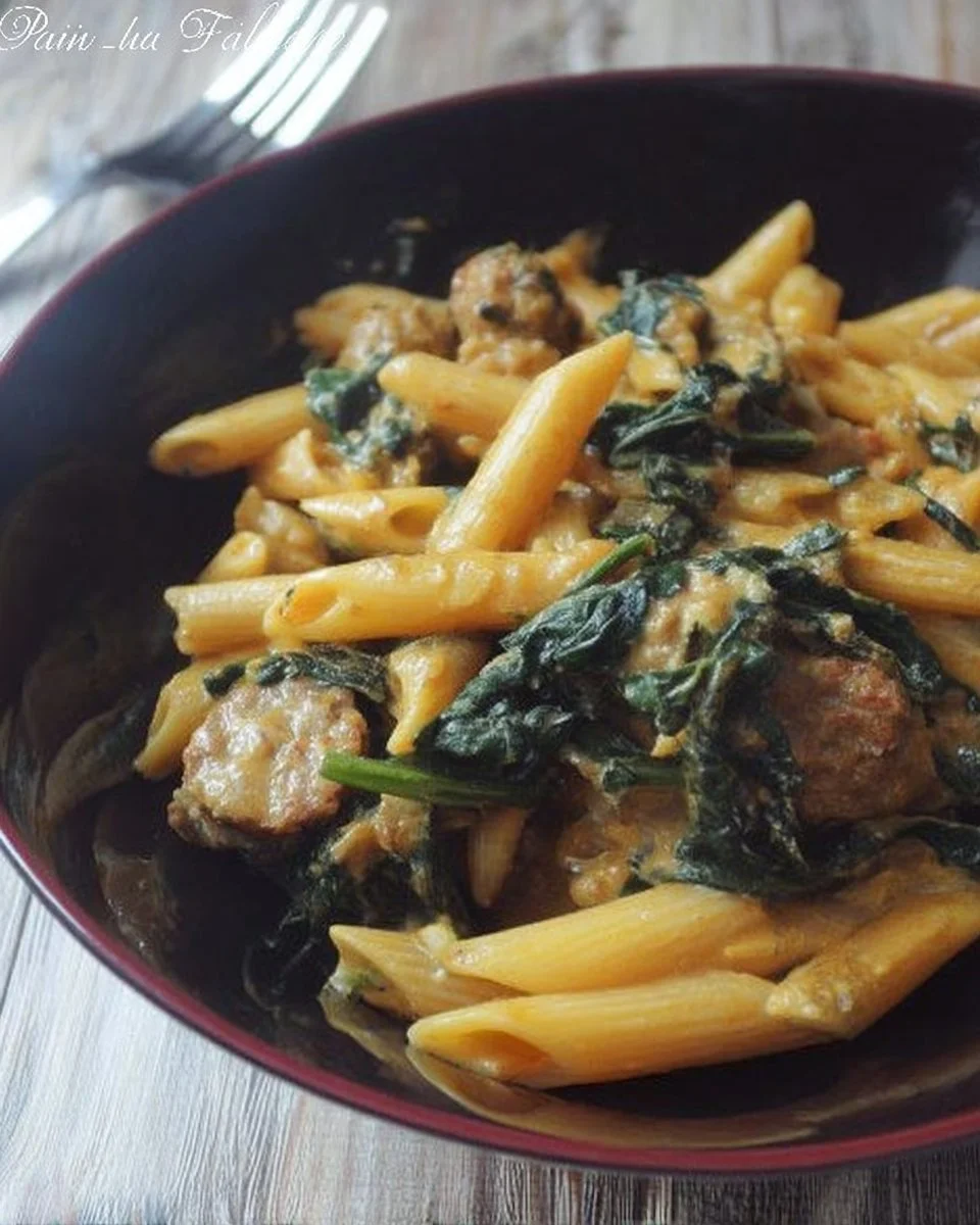 Pasta épicée avec épinards et merguez servie dans une assiette délicieuse
