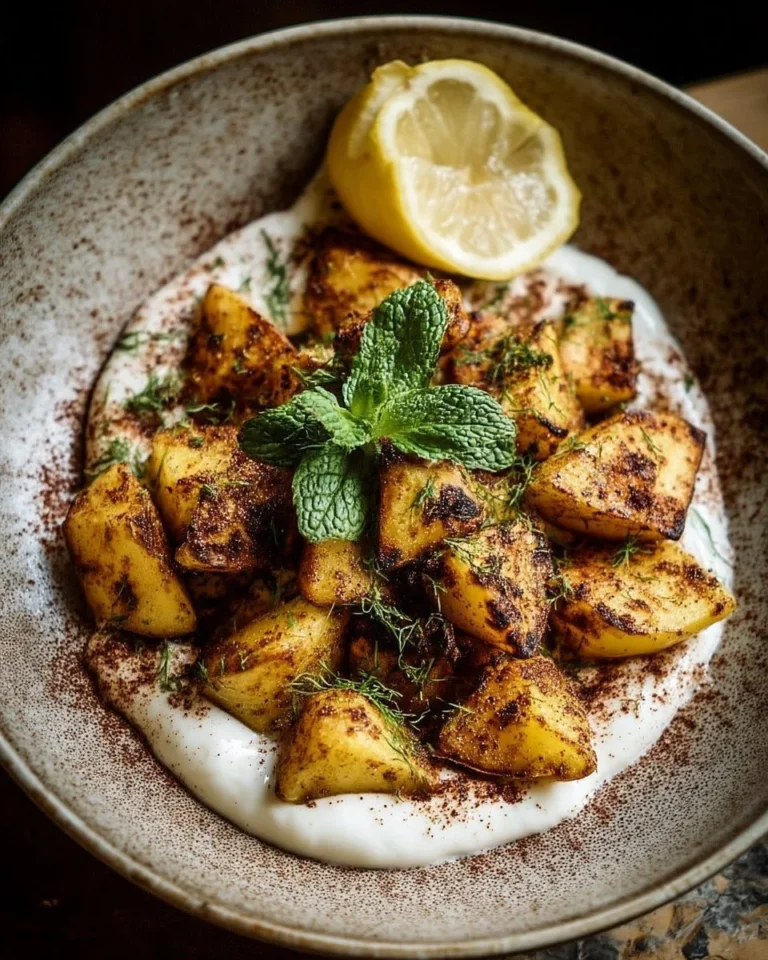 Pommes de terre rôties épicées servies avec une sauce au yaourt au citron