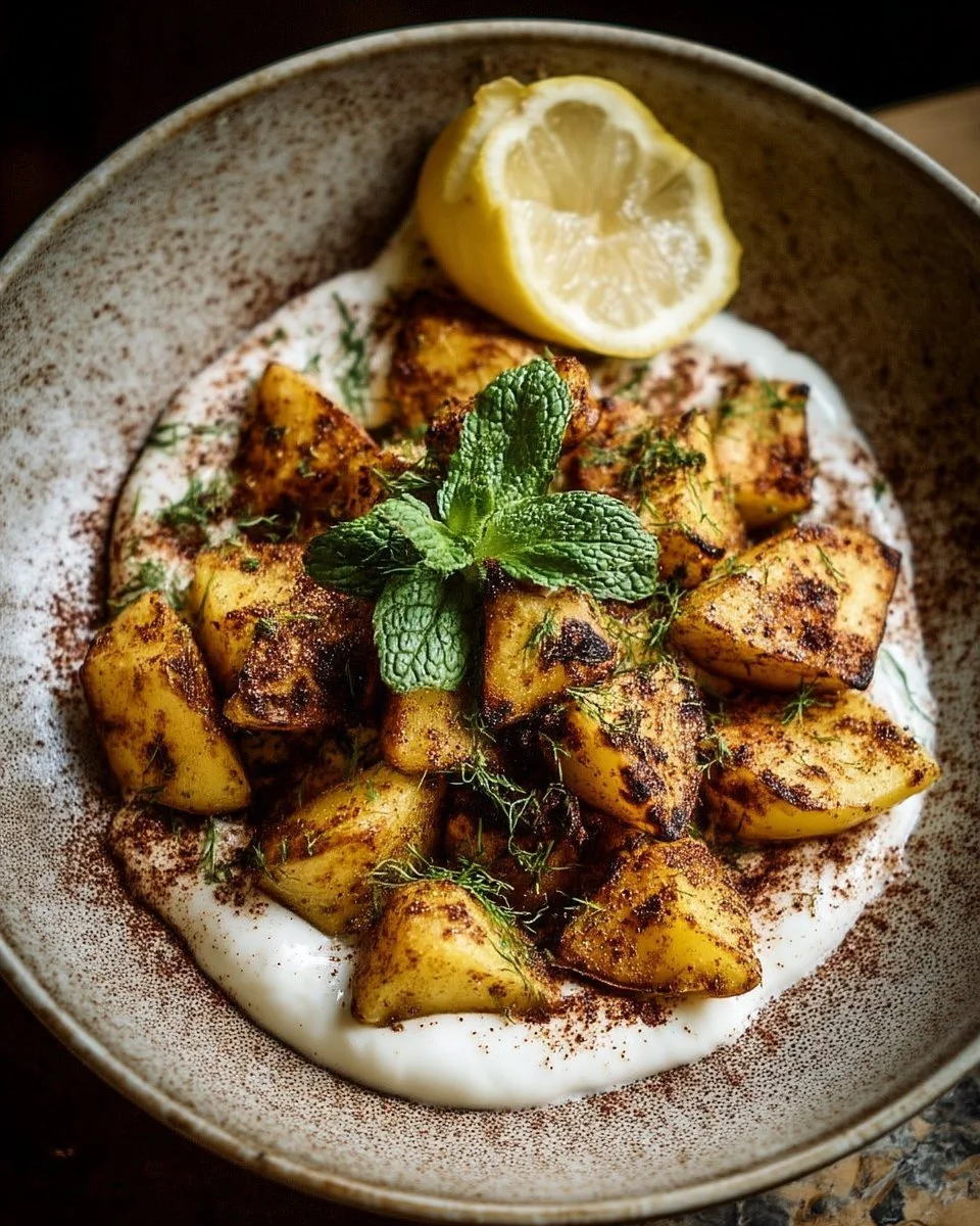 Pommes de terre rôties épicées servies avec une sauce au yaourt au citron