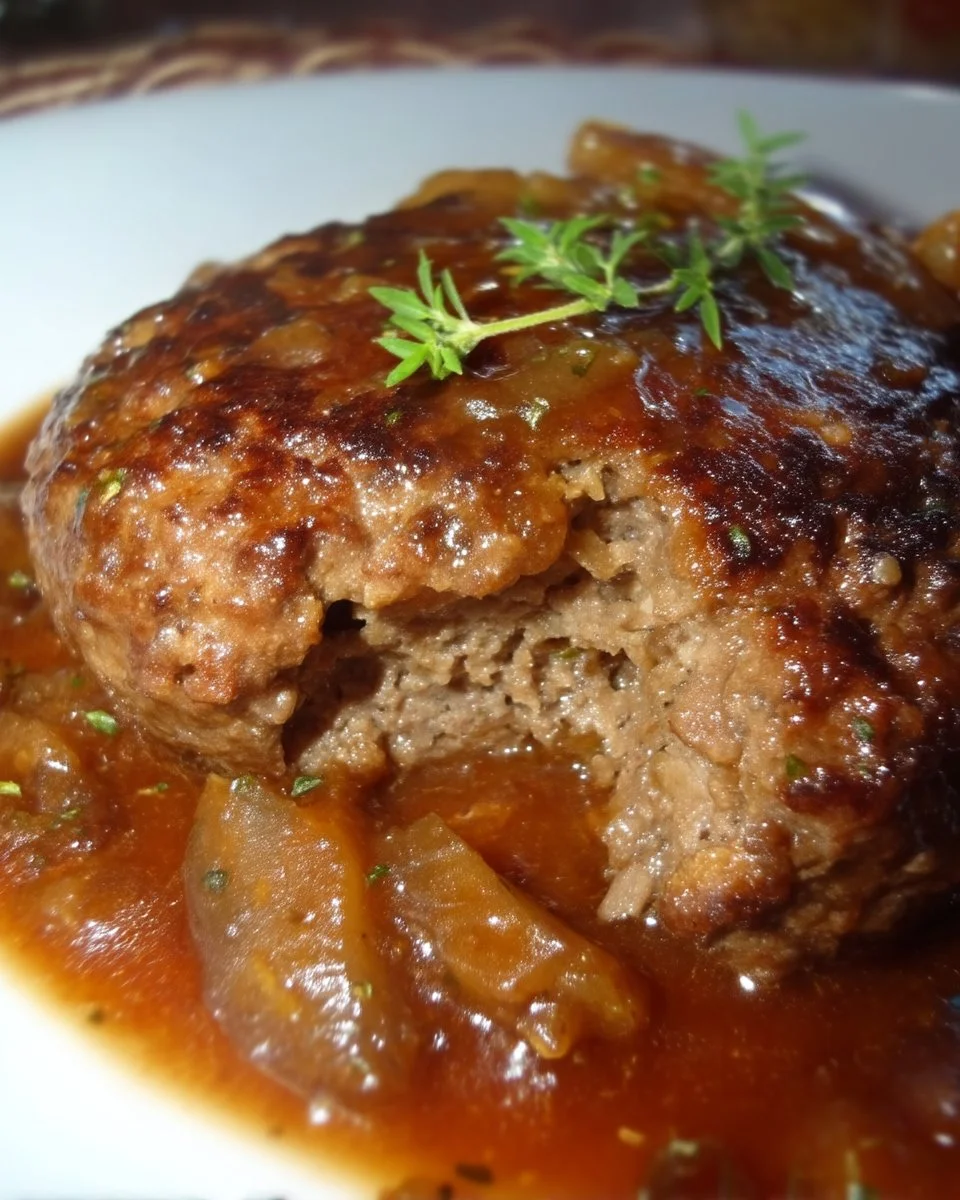 Plat de steak à la Salisbury servi avec sauce et légumes