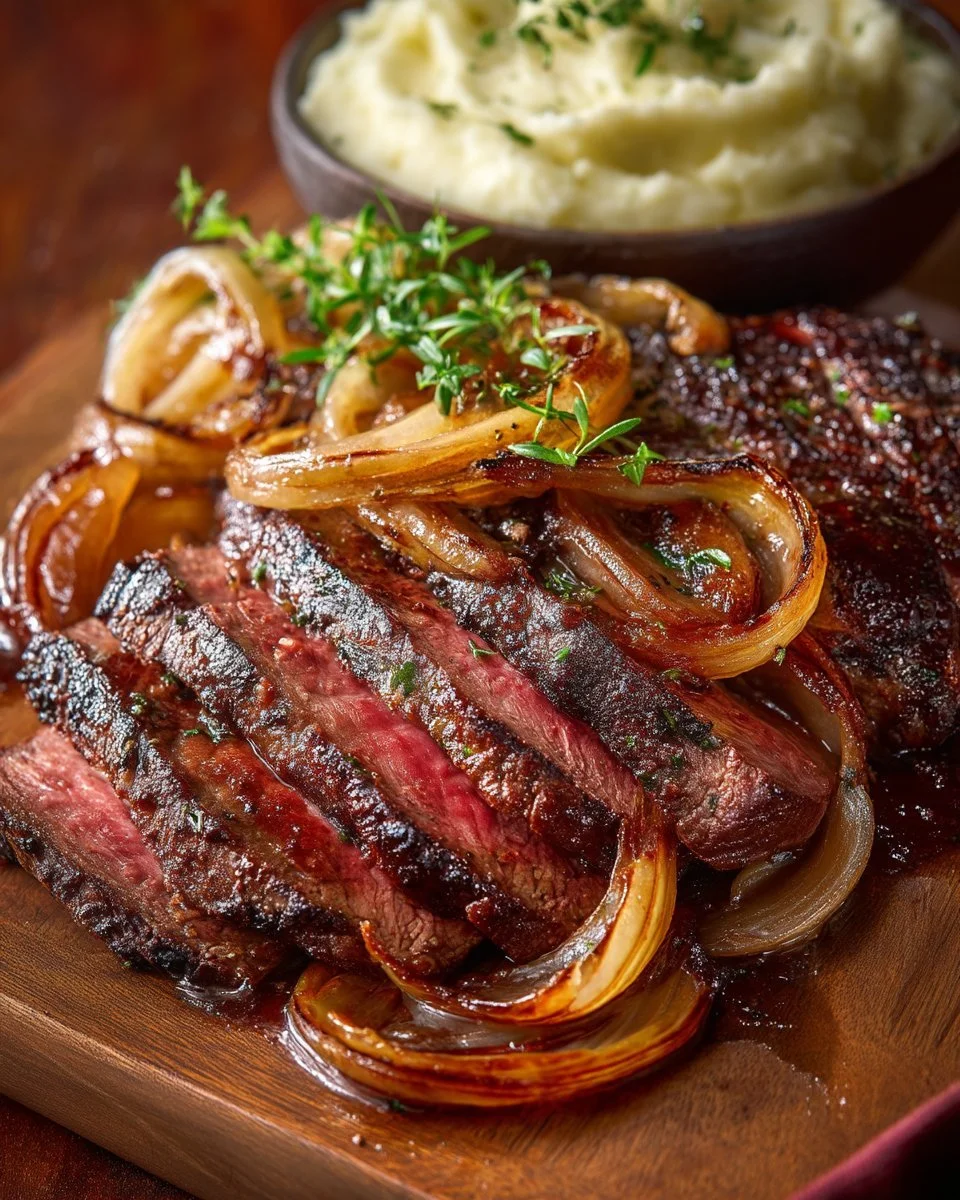 Steak avec oignons cipollini dans un sirop d'érable