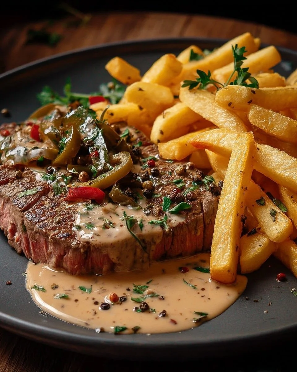 Un plat de steak au poivre accompagné de frites croustillantes.