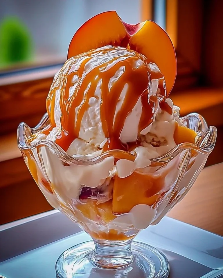 Sundae Pêche au Caramel - Dessert délicieux pour les amateurs de sucré et de fruits.