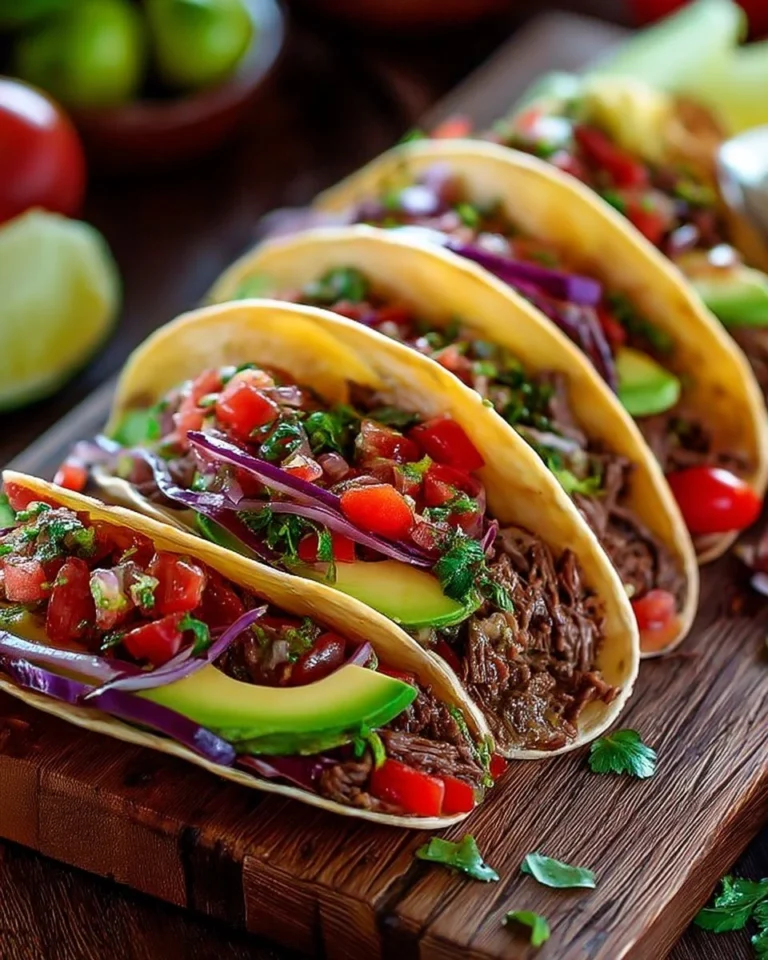 Tacos de boeuf avec avocat et légumes frais sur une assiette colorée.
