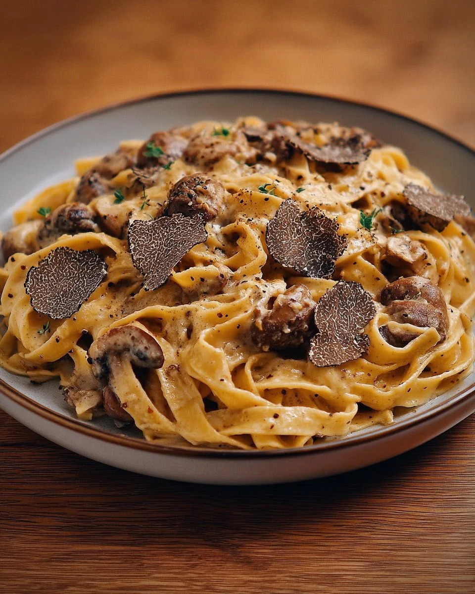 Tagliatelles aux champignons et à la truffe dans une assiette gourmet.