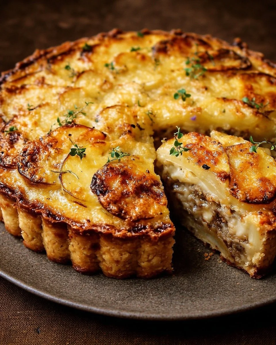 Tarte au Munster et Pommes de Terre savoureuse sur une table en bois