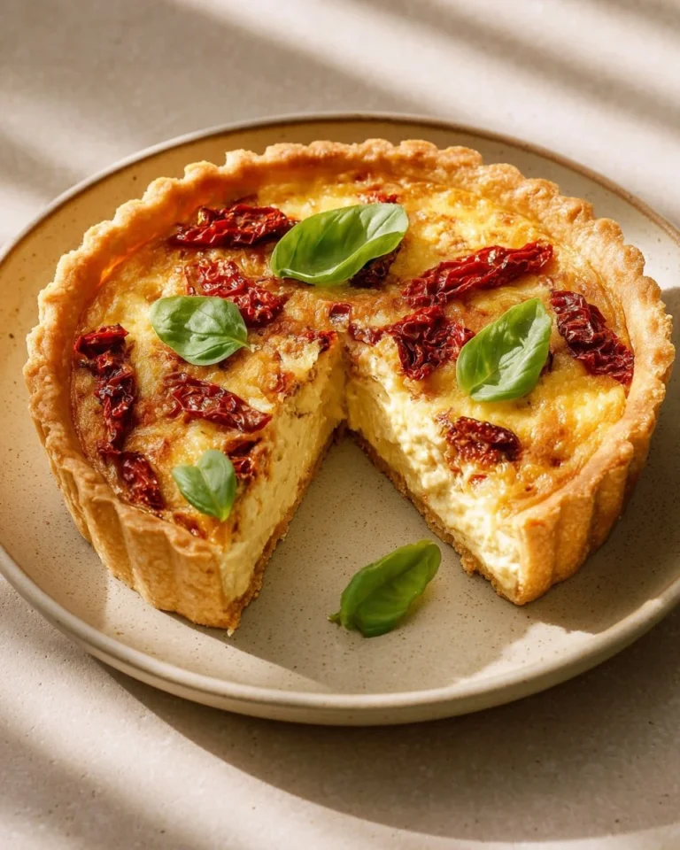Tarte au Taleggio garnie de tomates confites, un plat savoureux et coloré.