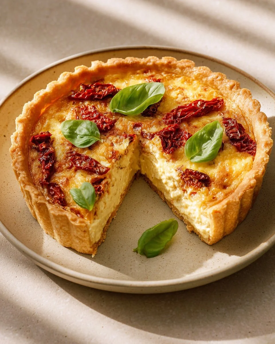 Tarte au Taleggio garnie de tomates confites, un plat savoureux et coloré.
