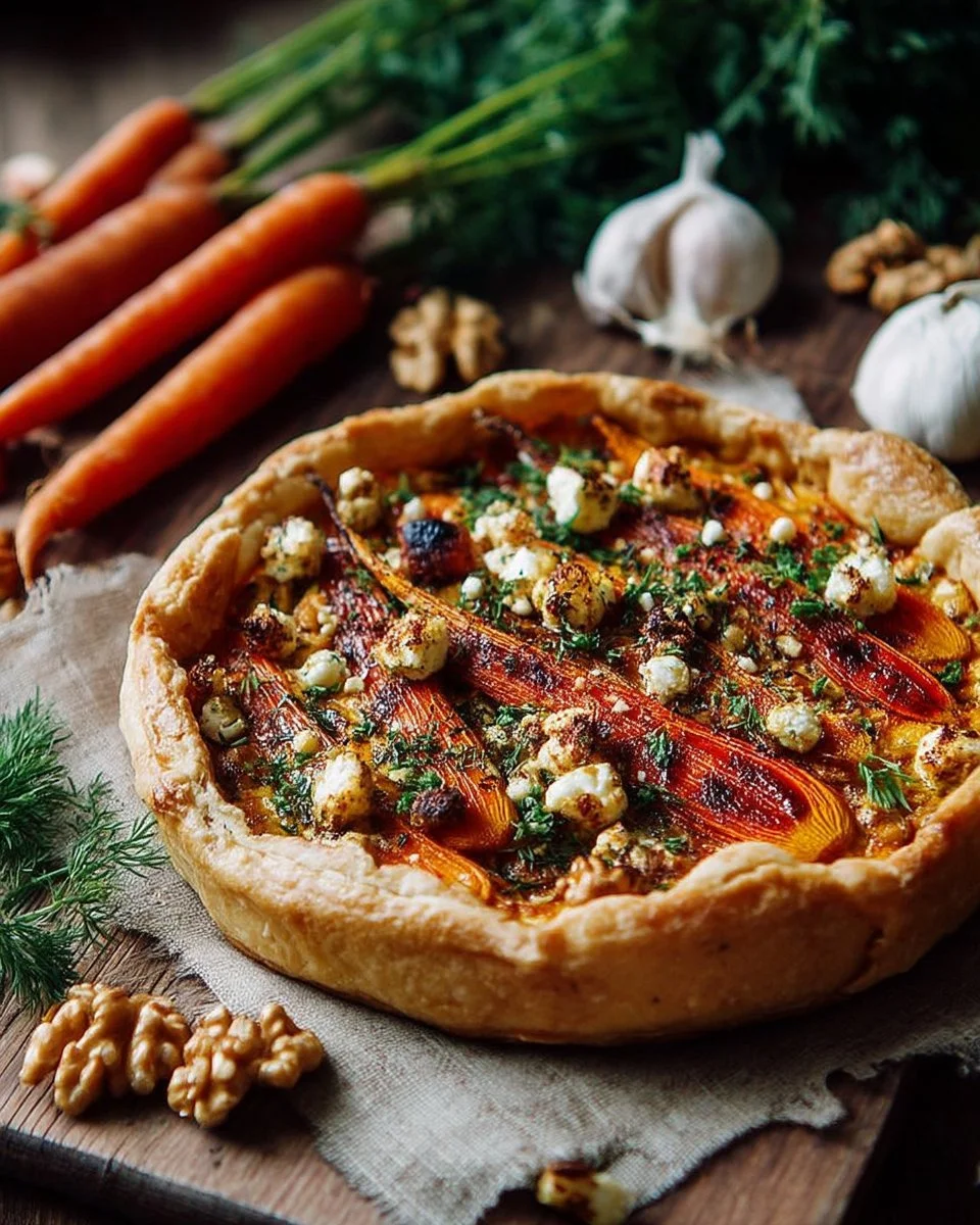 Tarte aux carottes et fromage de chèvre, plat savoureux et coloré