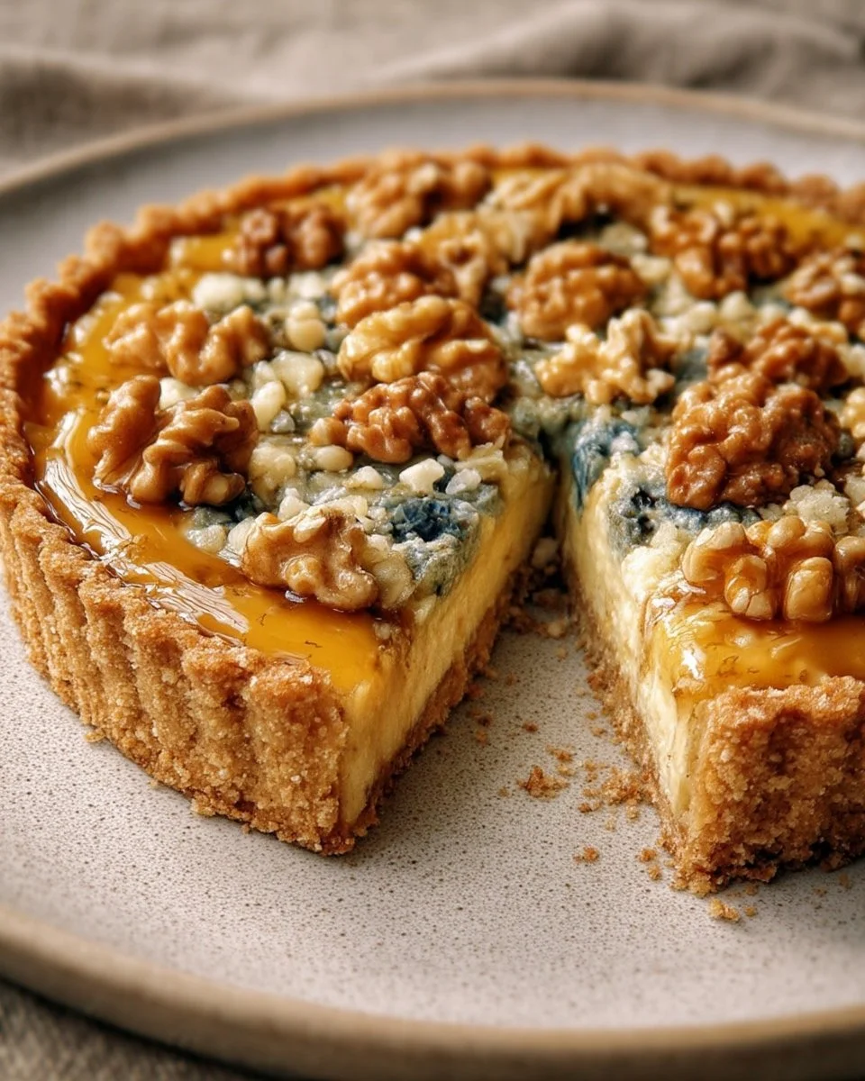 Tarte bleue garnie de noix et de miel, dessert savoureux et traditionnel