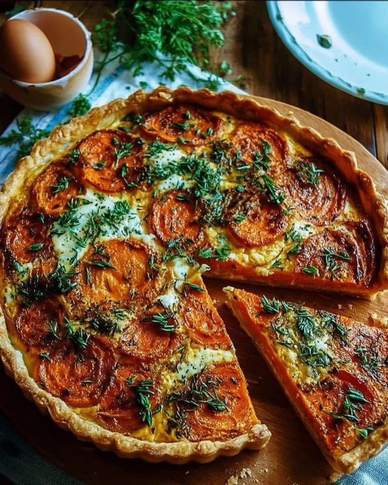 Tarte de Pâques aux carottes et aux herbes servie avec une garniture fraîche