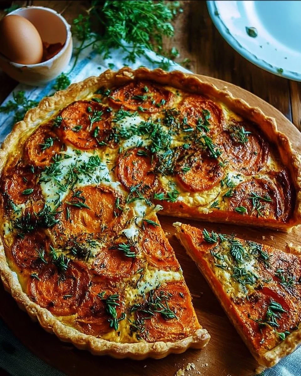 Tarte de Pâques aux carottes et aux herbes servie avec une garniture fraîche