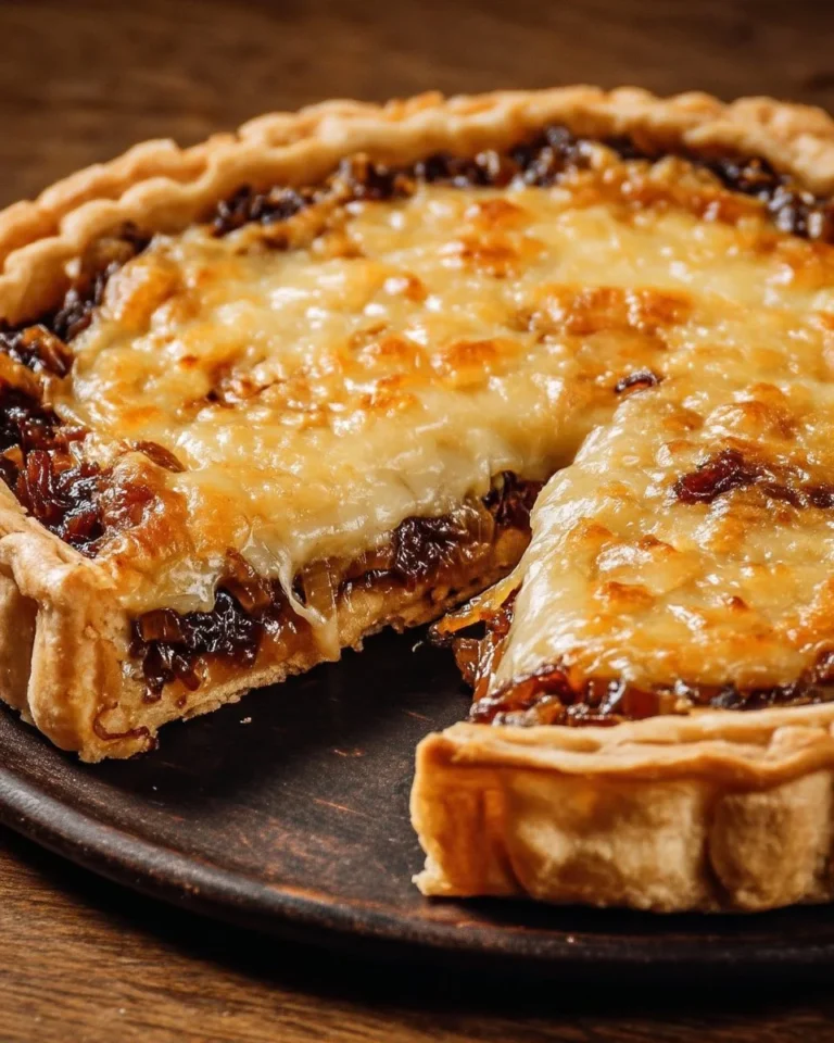 Tarte Époisses garnie d'oignons caramélisés, appétissante et crémeuse.