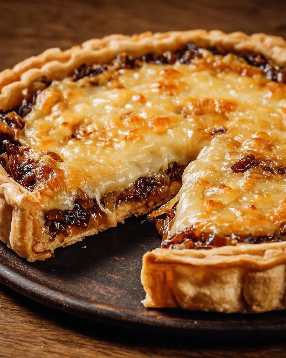 Tarte Époisses garnie d'oignons caramélisés, appétissante et crémeuse.