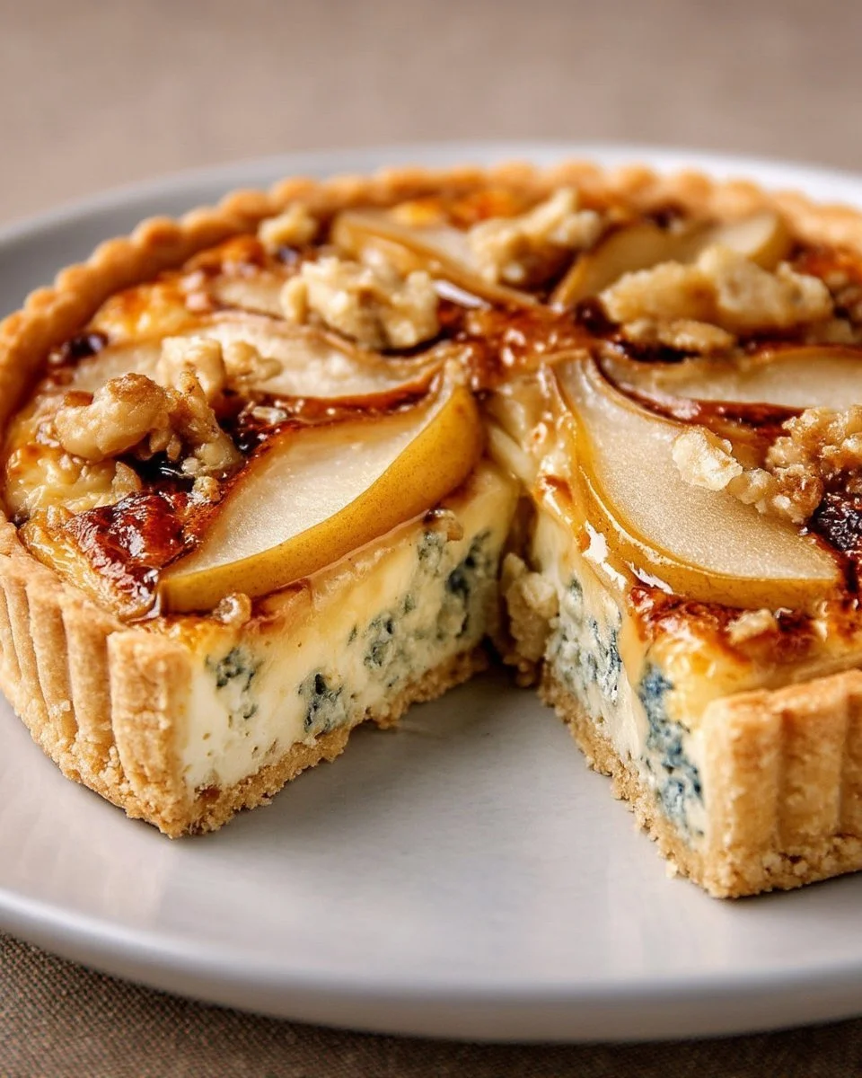 Tarte Roquefort et poire garnie d'ingrédients savoureux et colorés