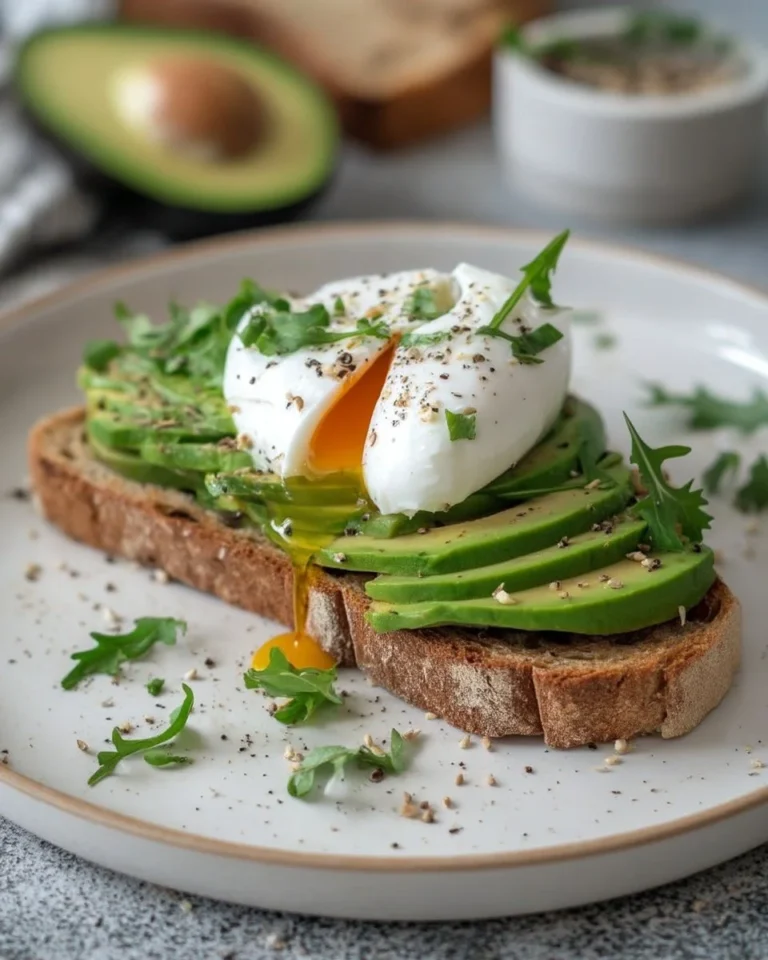 Tartine Avocat et Œuf Poché garnie de tomates et herbes fraîches.