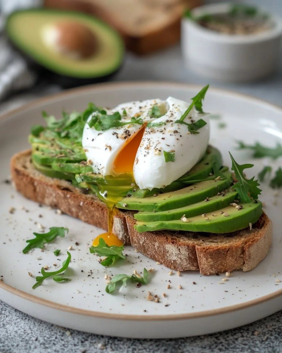 Tartine Avocat et Œuf Poché garnie de tomates et herbes fraîches.