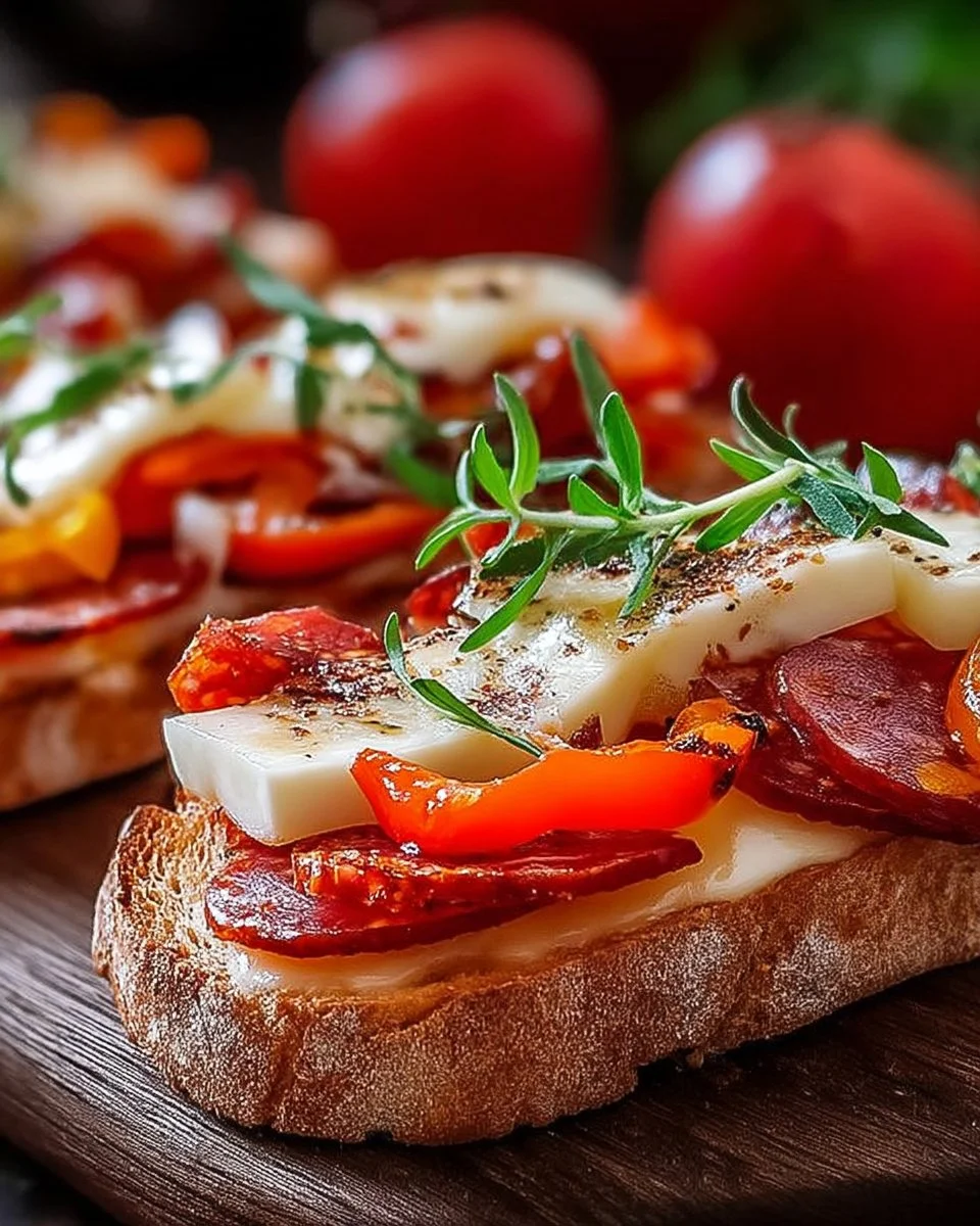 Tartine Basque avec chorizo, fromage de brebis et poivrons grillés.