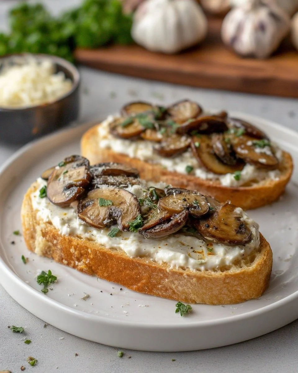 Tartine de champignons sautés avec crème aillée, un plat savoureux et réconfortant.