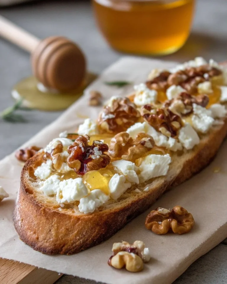Tartine chèvre, miel et noix servie sur une planche en bois