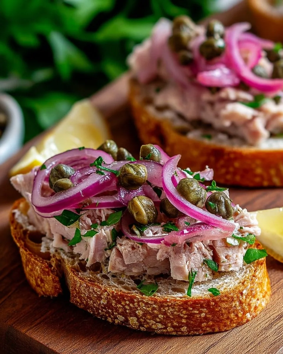 Tartine de Thon aux Câpres et Oignons Rouges sur une assiette colorée