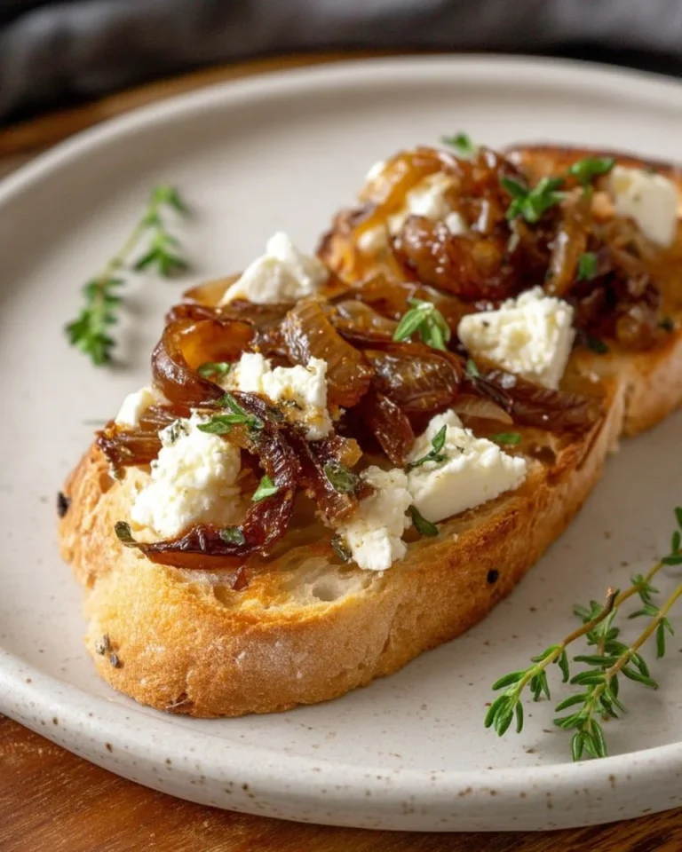 Tartine d'oignons caramélisés avec feta sur une assiette