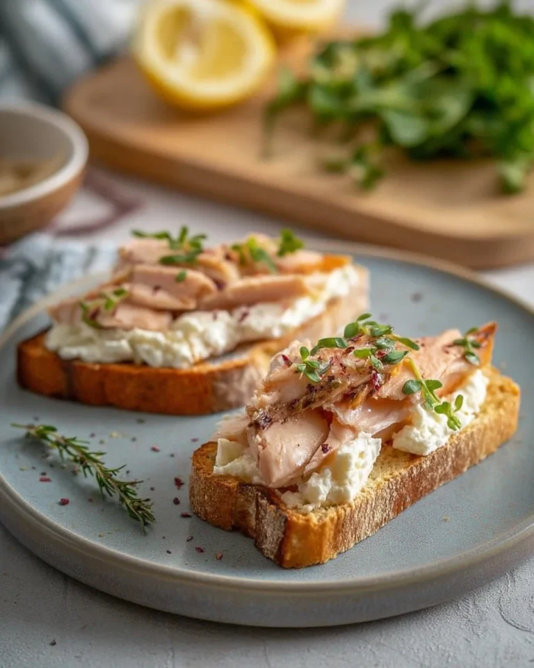 Tartine de poulet fumé avec fromage frais sur pain croûté