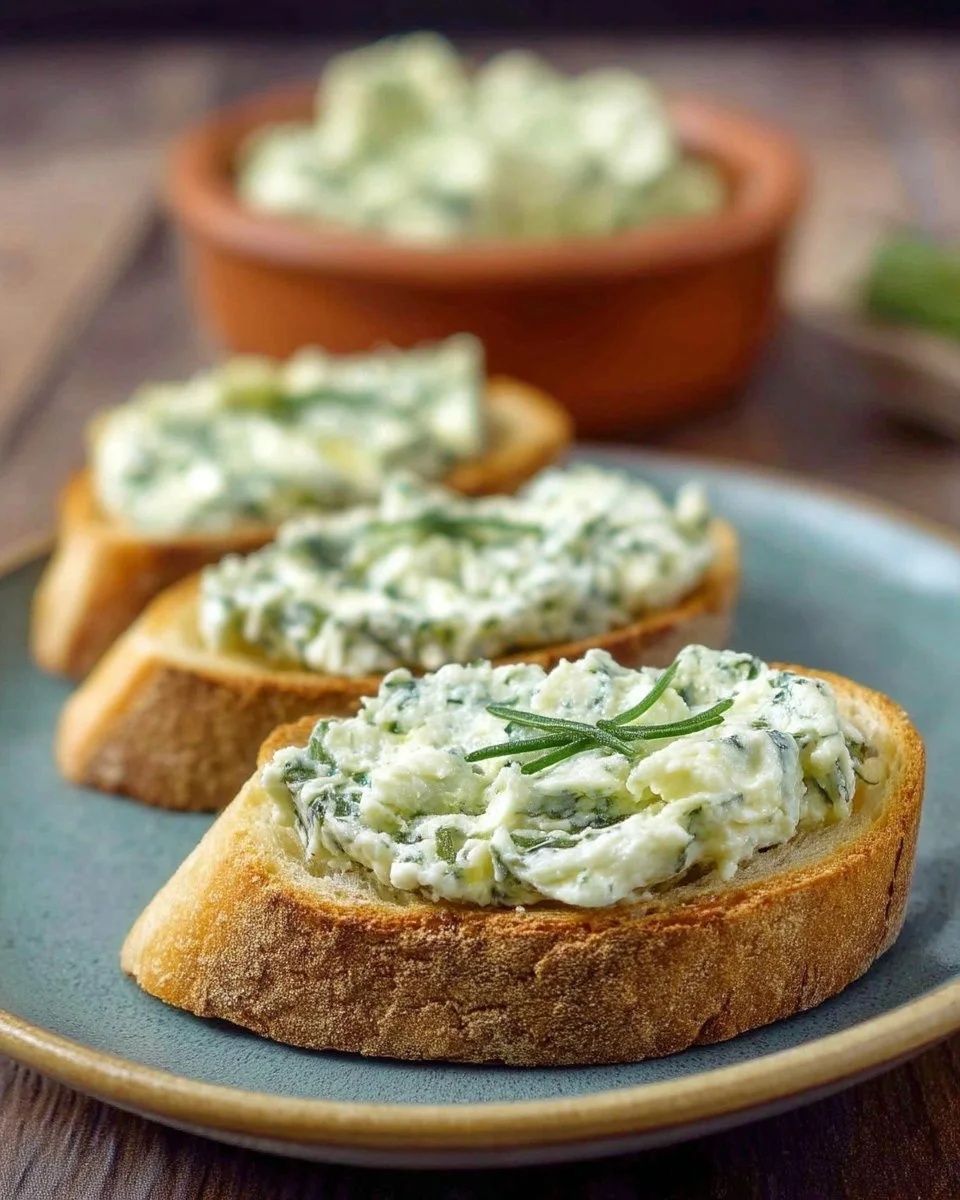Tartines à la crème ail et fines herbes garnies sur pain frais