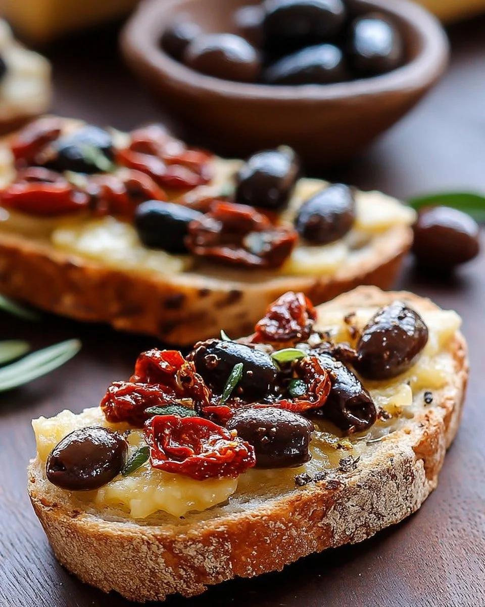 Tartines délicieuses aux tomates séchées et olives, prêtes à déguster.