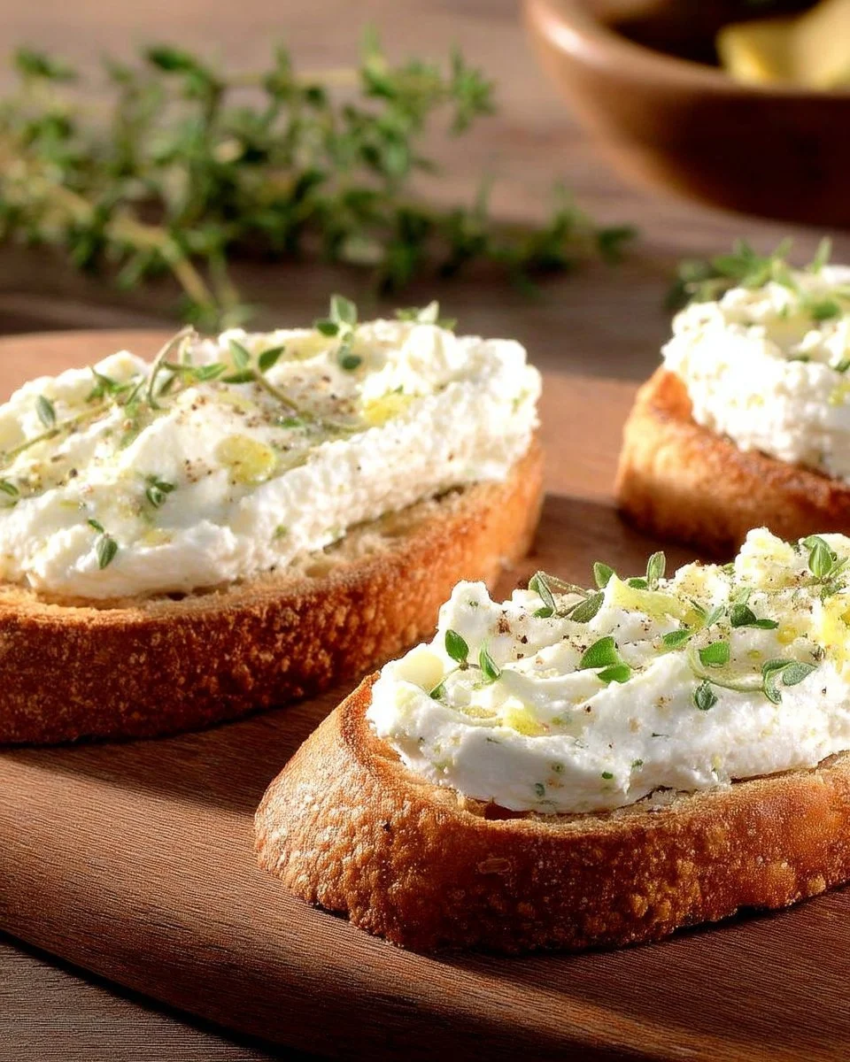 Tartines de fromage frais aux herbes garnies sur une planche en bois.