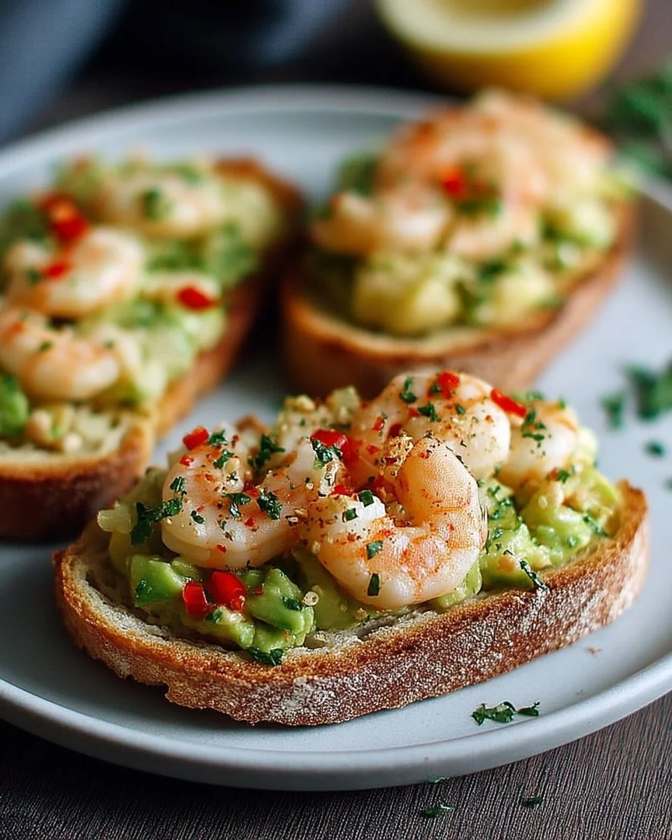 Tartines de pain de campagne garnies d'avocat, crevettes et piment