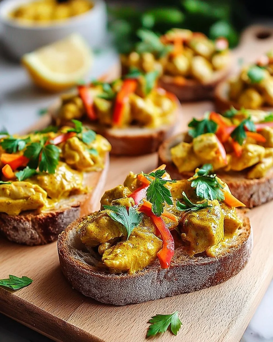 Tartines de Poulet au Curry avec légumes croquants dans une assiette