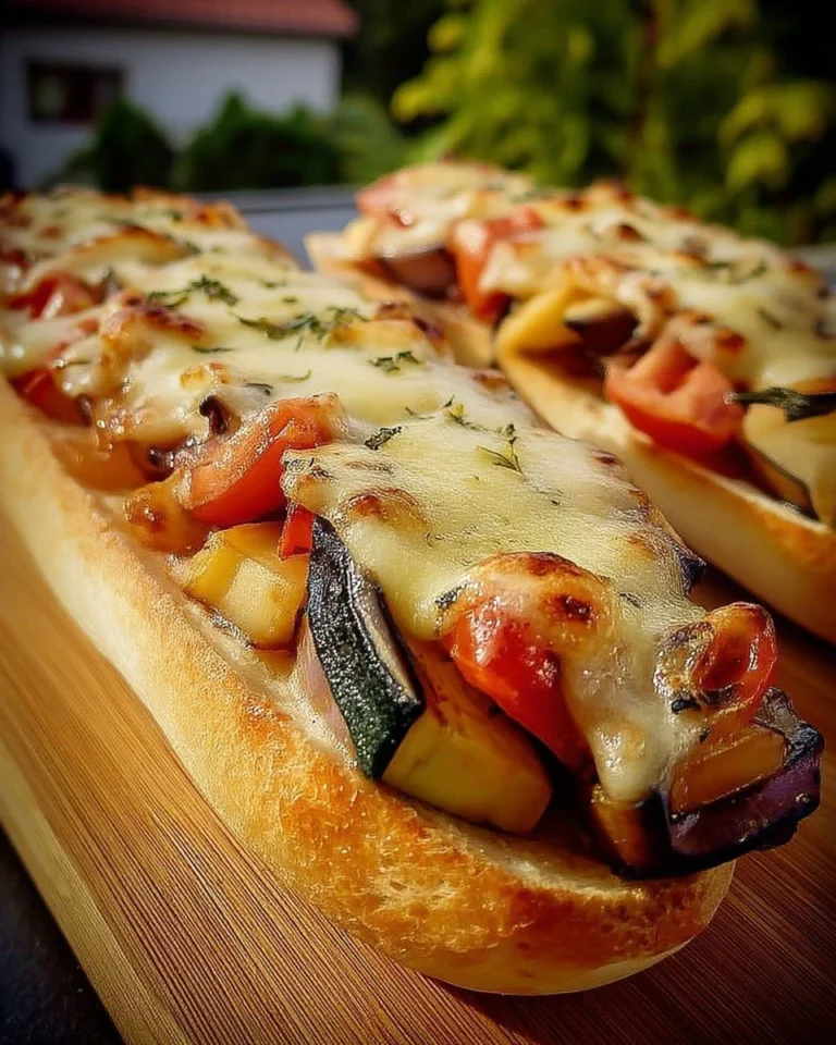 Tartines gratinées aux aubergines, tomates et fromage sur une table