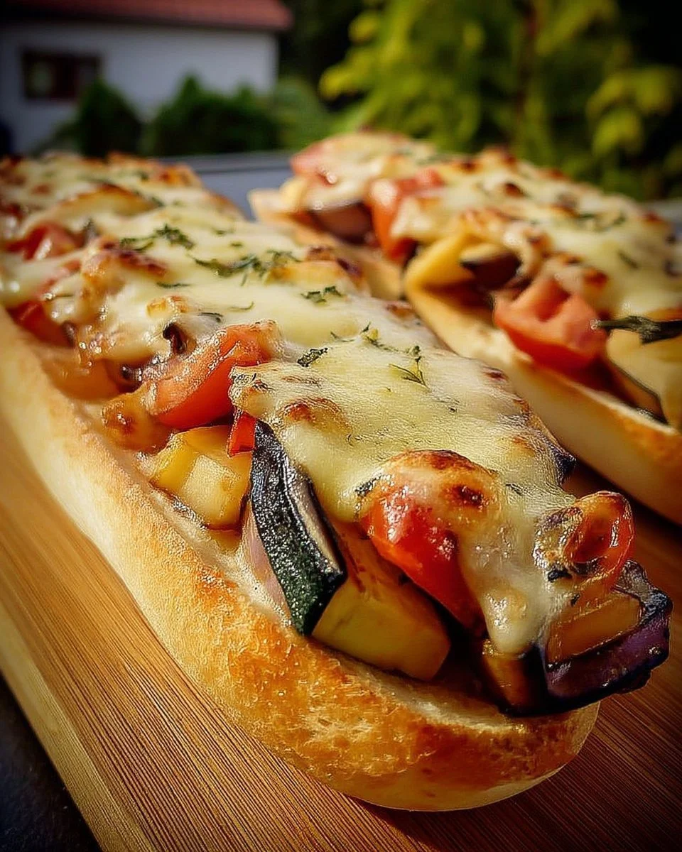 Tartines gratinées aux aubergines, tomates et fromage sur une table