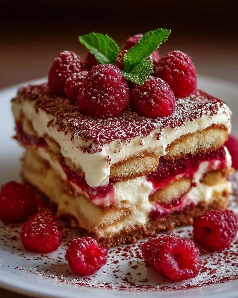 Tiramisu aux framboises, un dessert crémeux et fruité.