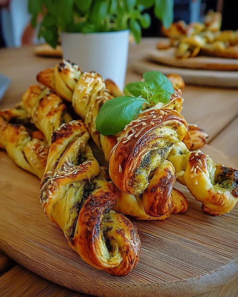 Torsades feuilletées au pesto et parmesan sur une assiette.