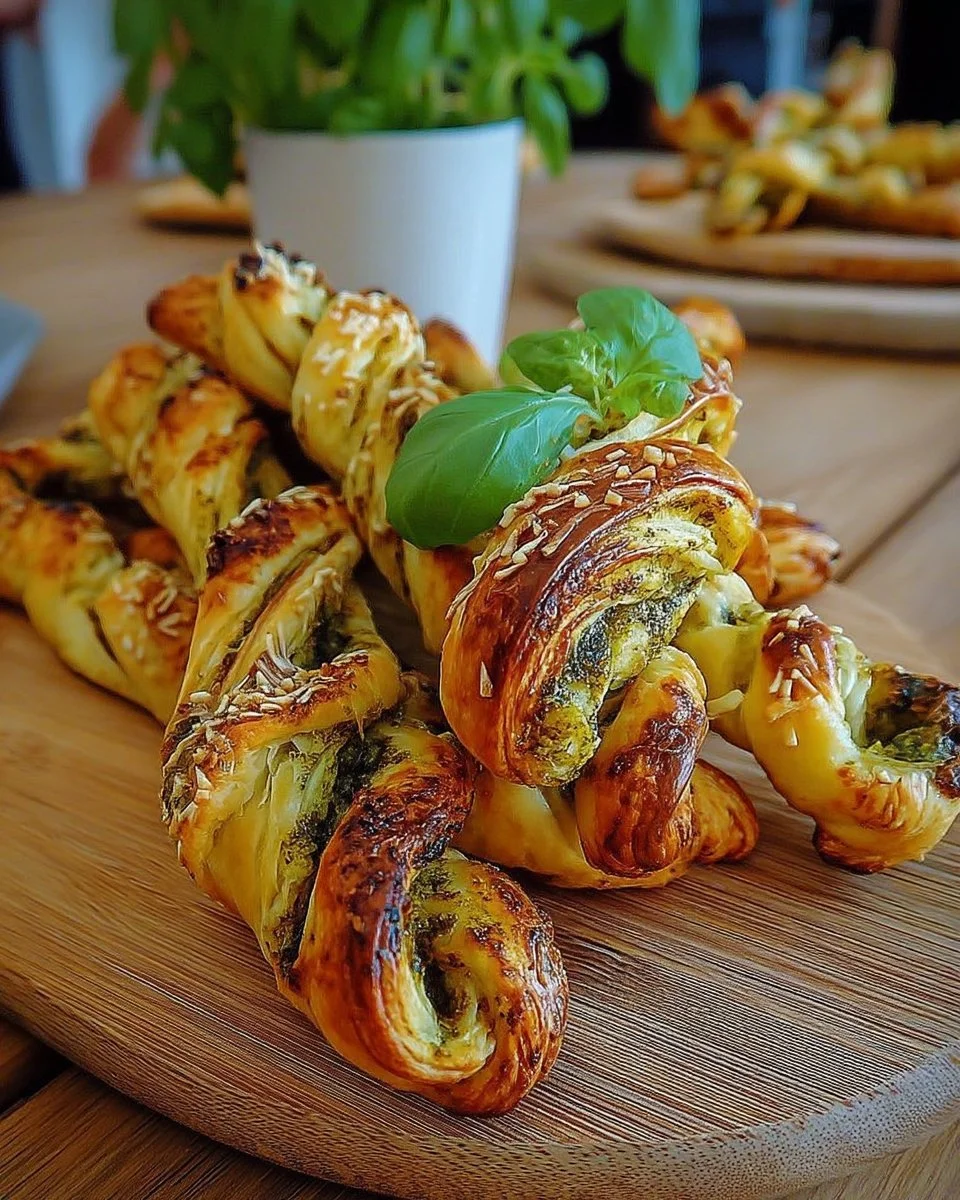 Torsades feuilletées au pesto et parmesan sur une assiette.