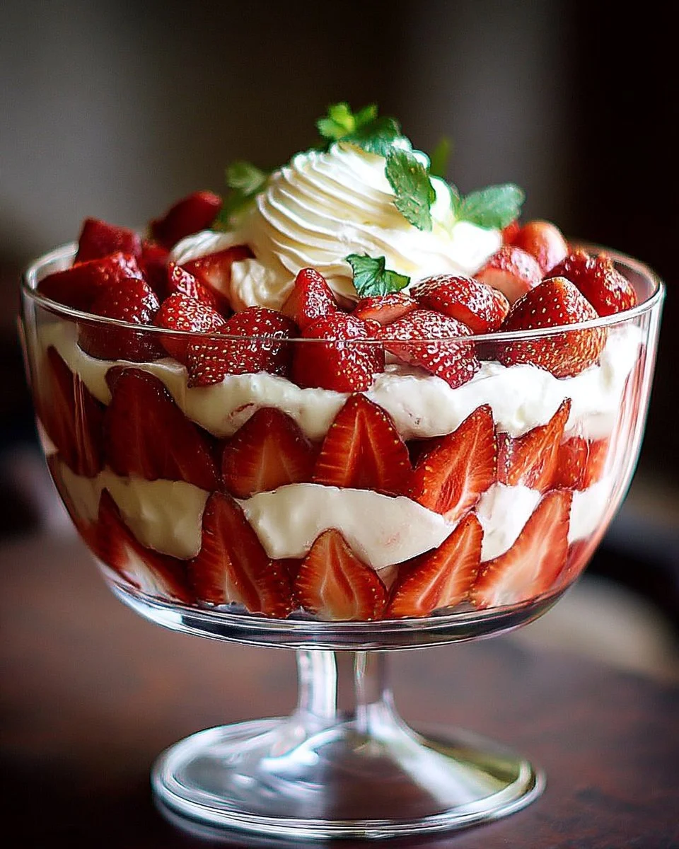 Trifle gourmand aux fraises et chantilly dans un verre transparent