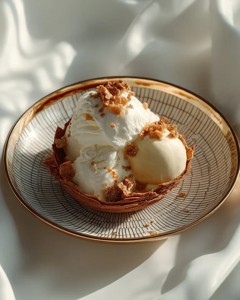 Vacherins à l’érable et sorbet à la poire sur une assiette élégante