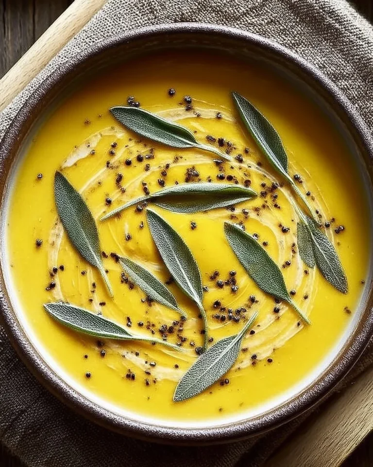 Velouté doré de courge rôtie à la sauge dans un bol en céramique