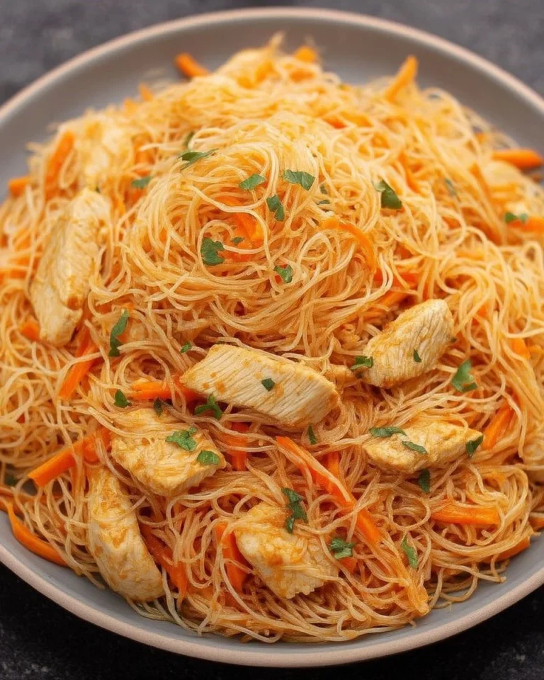 Vermicelles aigre-doux servis dans un plat coloré.