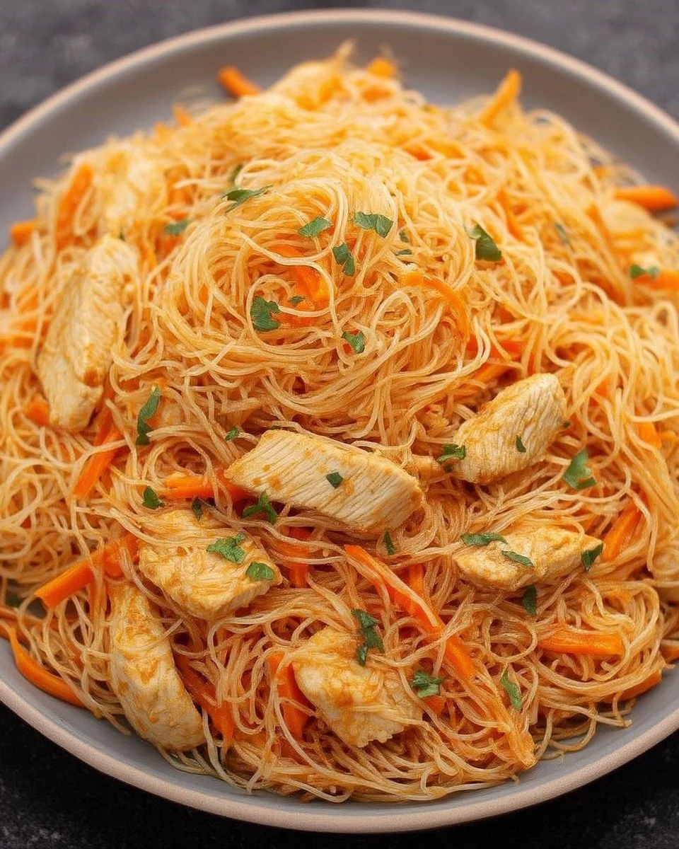 Vermicelles aigre-doux servis dans un plat coloré.